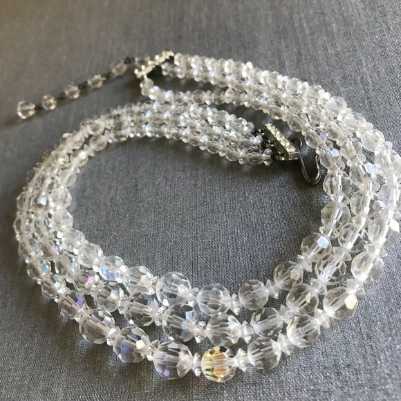 Vintage 3 Strand Aurora Borealis Crystal Necklace Rhinestone Extension 14-16 In - Picture 4 of 7